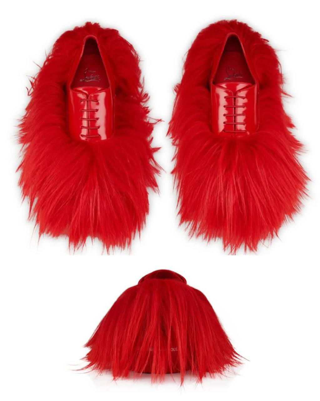 Пара красных пушистых туфель Christian Louboutin в студийной съёмке: вид сверху и дополнительный ракурс с густым длинным ворсом и глянцевой подошвой.