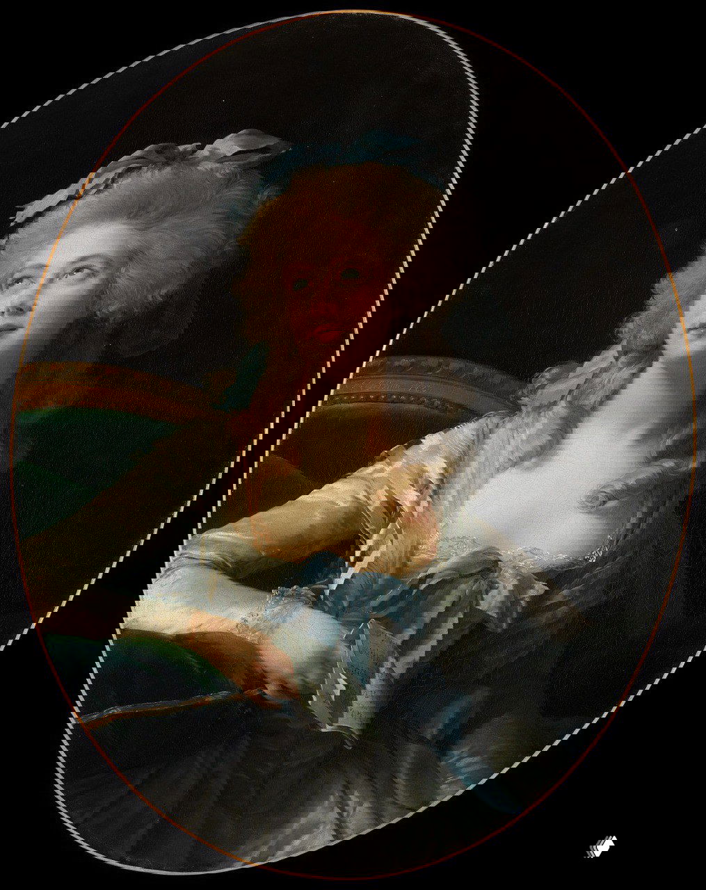Овальный портрет молодой женщины с голубой лентой, тщательная проработка лица и одежды в характерной манере Виже-Лебрен.