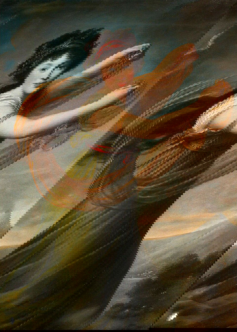 Фигура женщины в зелёном платье с развевающимся шарфом, динамичный елегантный портрет кисти Виже-Лебрен на фоне пейзажа.