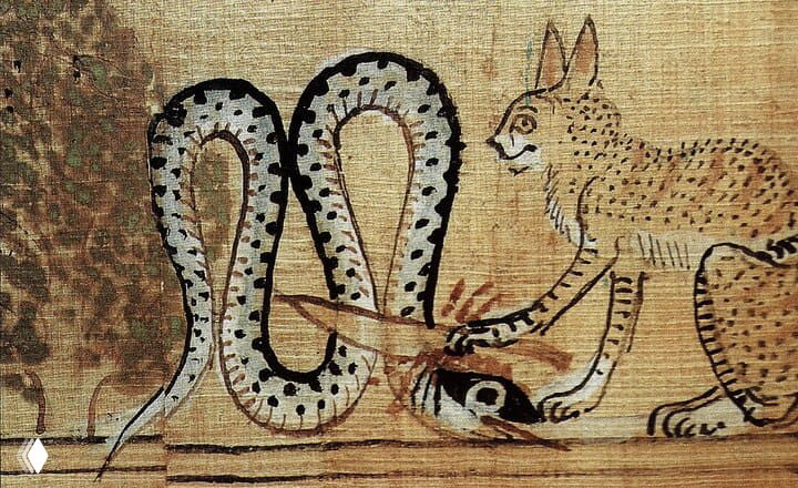 Средневековая миниатюра: кошка в сцене со змеёй, символическое и несколько странное изображение в манускриптах и росписях той эпохи.