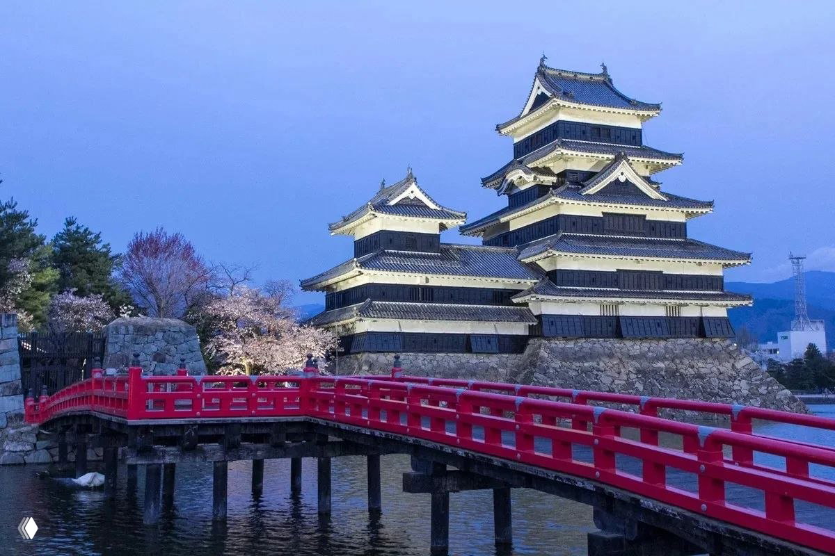 Освещённый замок Мацумото и яркий красный арочный мост над рвом, вечерняя сцена с деревьями сакуры у воды.