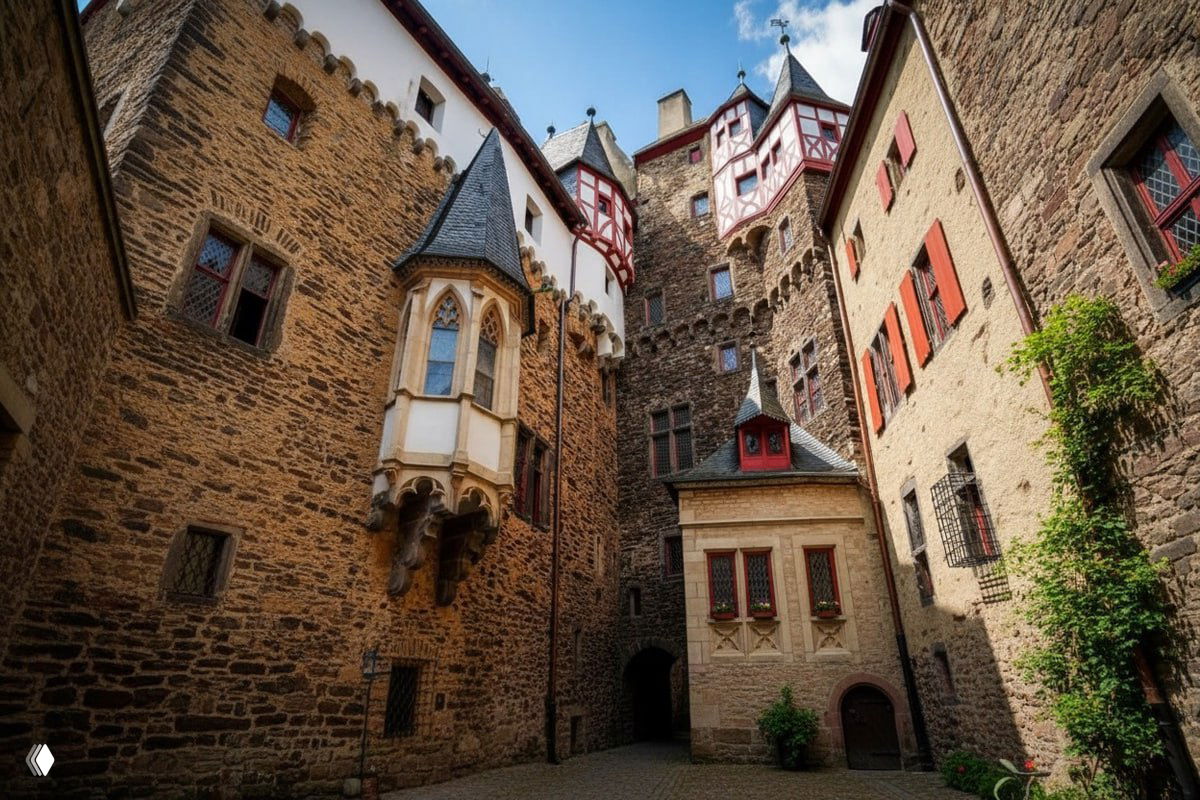 Внутренний двор замка Эльц: узкие каменные фасады, готические окна и декоративные эркеры — атмосфера старинной немецкой крепости.