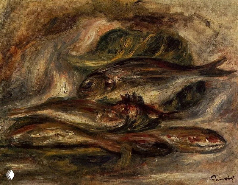 Картина с изображением нескольких рыб на тёмном фоне — композиция в музейном стиле, визуально связанная с упомянутой в тексте работой «Рыбы».