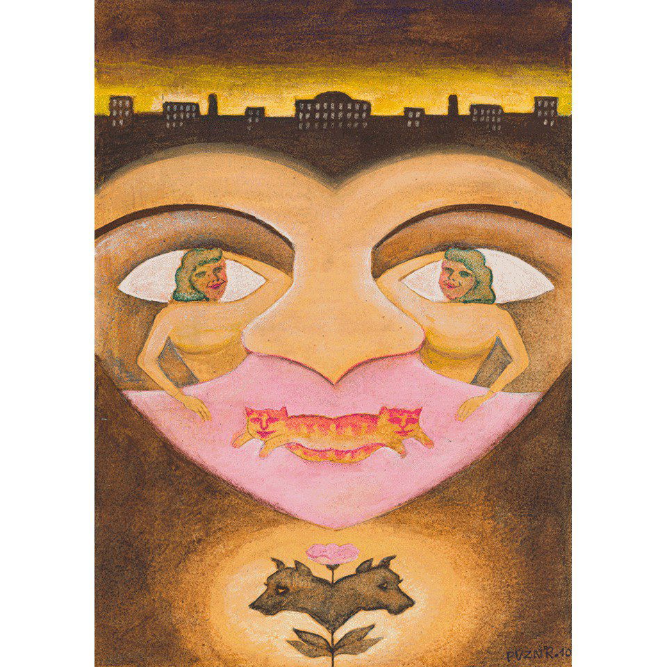 Живописная композиция в форме сердца с отражающимися фигурами, двумя кошками и силуэтами домов на горизонте — символика и игра образов