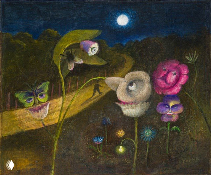 Полотно с фантастическими цветами и персонажами при лунном свете — гротескные и игривые образы, характерные для поздних работ художника