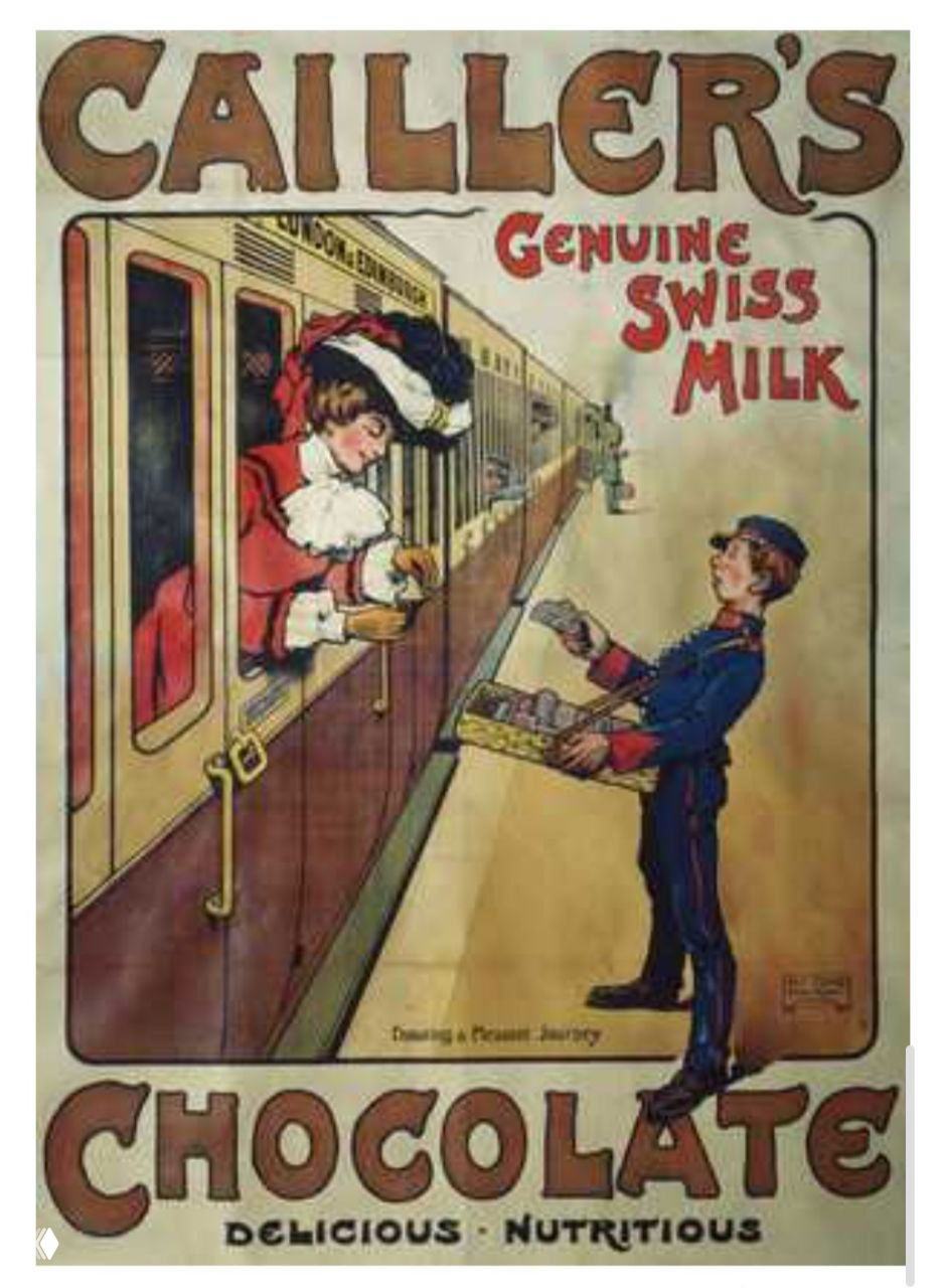 Винтажный рекламный плакат Cailler: пассажирка в окне поезда получает шоколад от разносчика на перроне — ретро-иллюстрация шоколадного поезда.