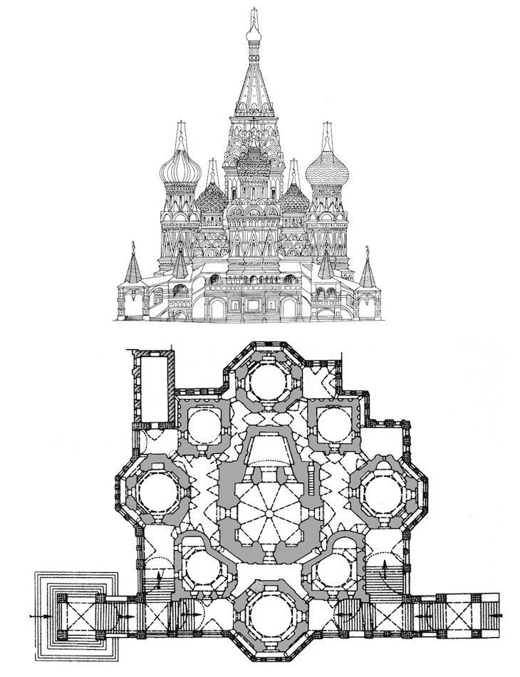 Чертёж фасада и подробный план собора Василия Блаженного в виде схемы с восьмиугольной центральной частью и боковыми капеллами.