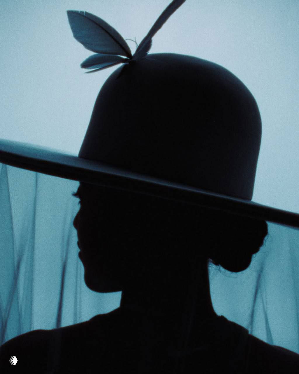 Силуэт в профиль: большая шляпа с декоративной бабочкой на тулье, тонкая вуаль опускается вниз, контраст тёмного силуэта и светлого фона.