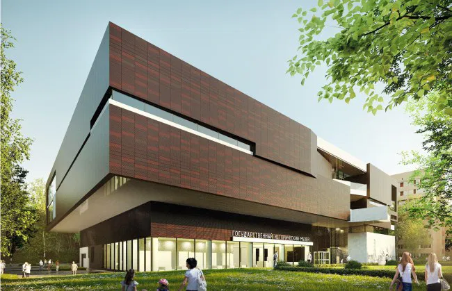 Архитектурная визуализация внешнего фасада нового филиала Исторического музея в зелёной среде; современная геометрия здания и прогулочная зона у входа.