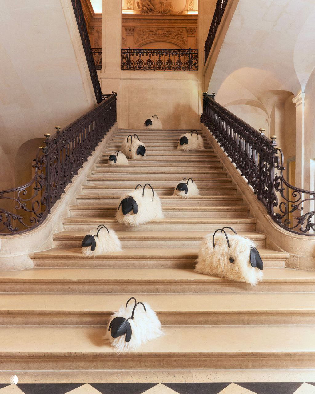 Широкий план каменной лестницы музея, на ступенях расположены пушистые сумки в форме овечек — инсталляция и реквизит шоу Jacquemus.
