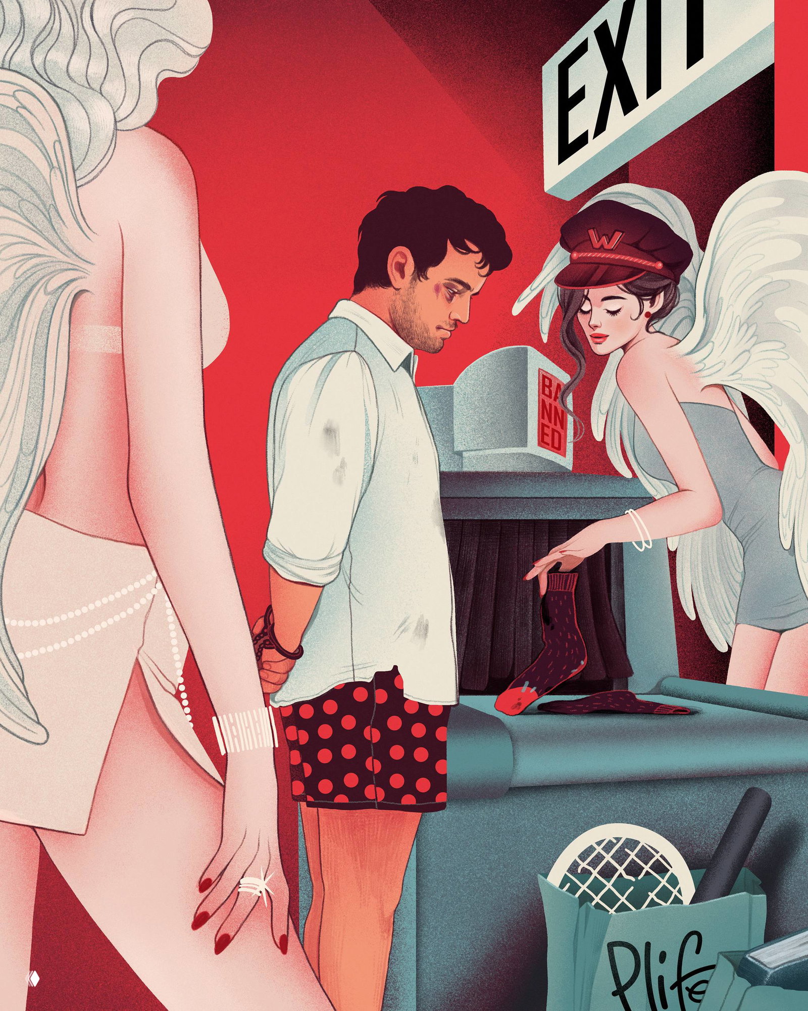 Коллажная иллюстрация с мужчиной в трусах и ангелоподобной женщиной у выхода, ретро‑атмосфера и графические элементы, характерные для Plife.