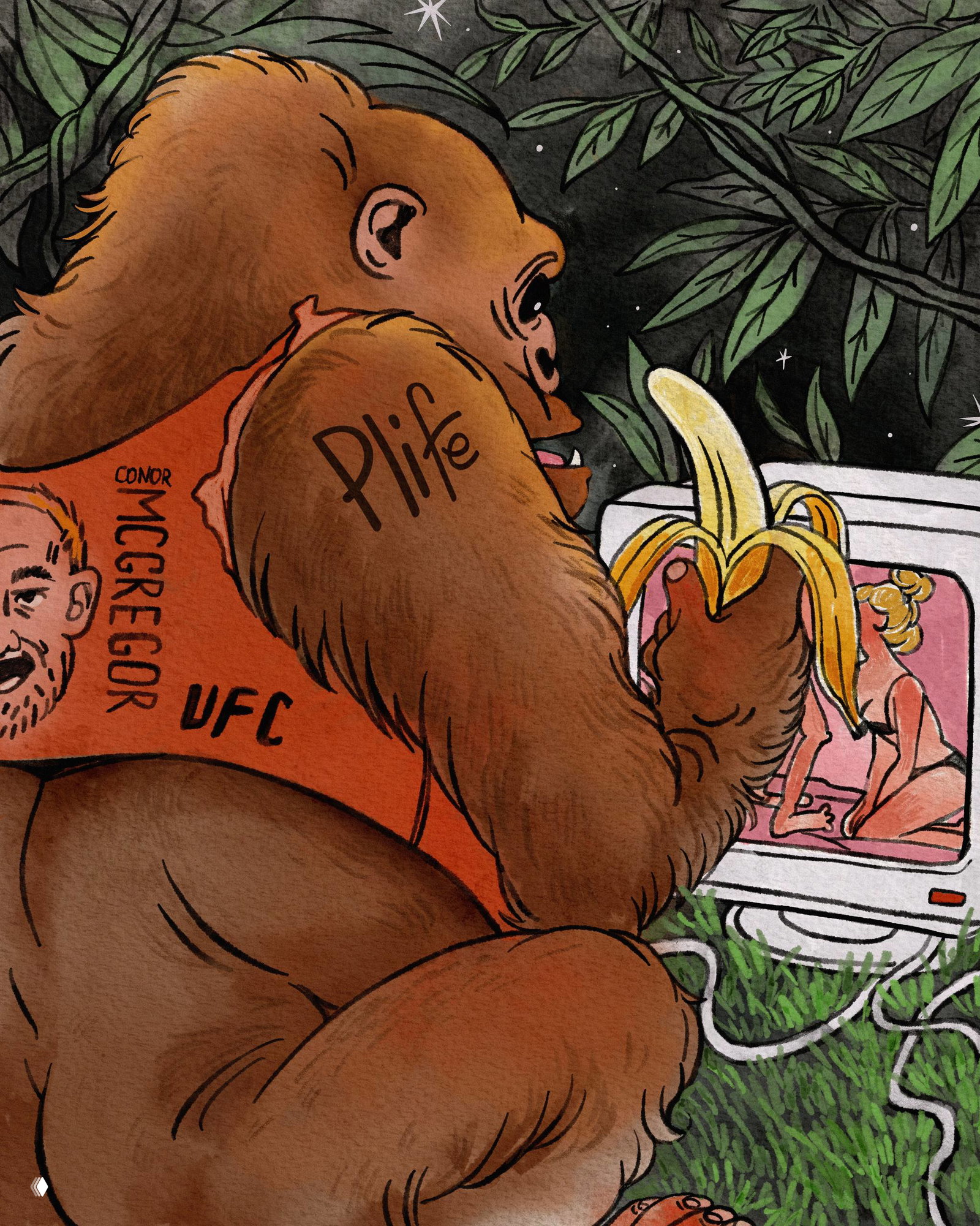 Рисованная композиция с большой обезьяноподобной фигурой в оранжевой майке с надписью Plife, держащей банан перед экраном телевизора, сатирическая сцена.