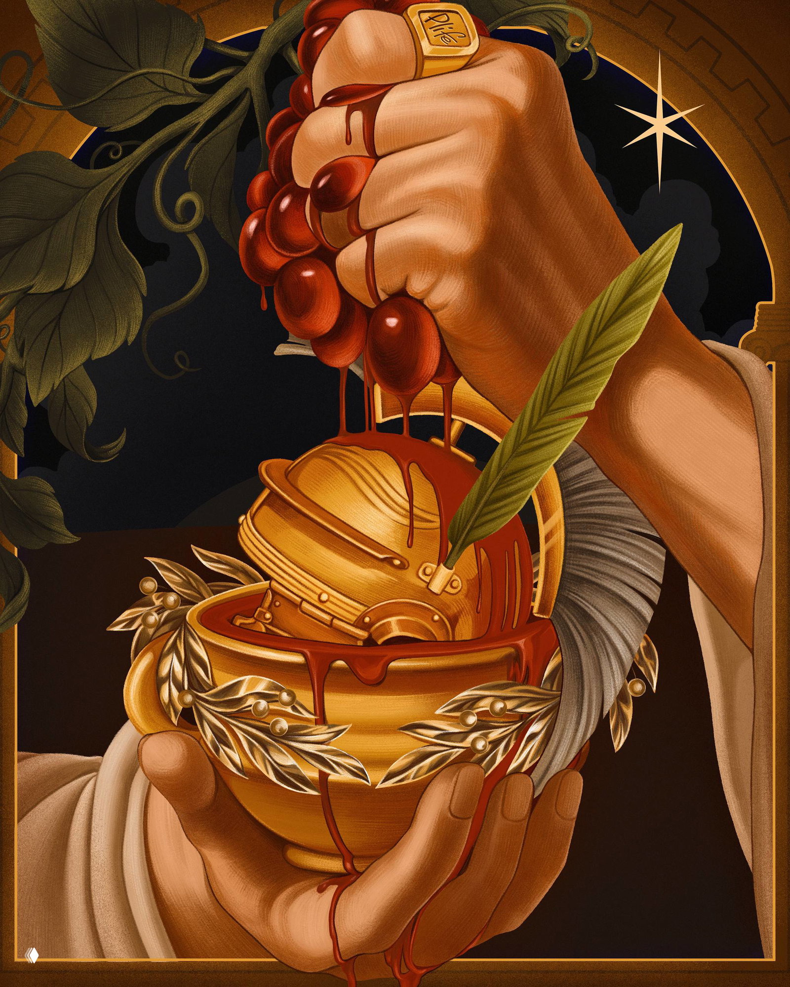 Иллюстрация в классическом стиле: рука с кольцами сжимает виноград, из которого льётся что‑то похожее на вино, декоративные элементы и символика Plife.