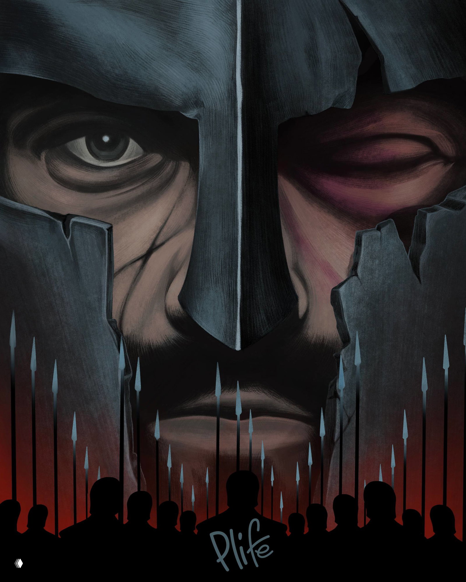 Иллюстрация с крупным планом воина в шлеме на тёмном фоне и силуэтами людей с копьями на переднем плане, драматическая композиция для рубрики Plife History.