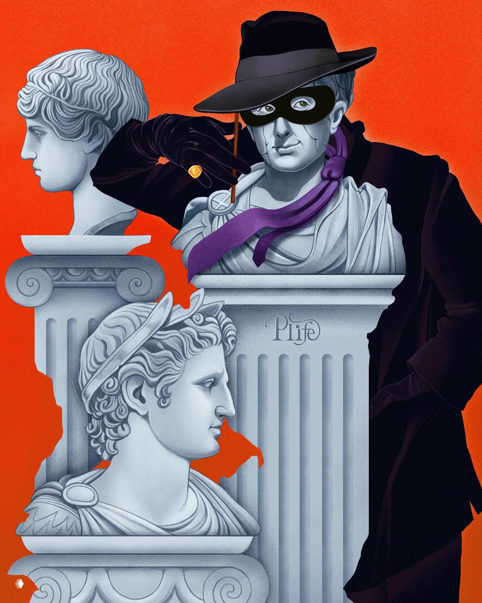 Иллюстрация с бюстами классических скульптур и тенью человека в маске и шляпе на оранжевом фоне, игра с античностью и маскарадом.