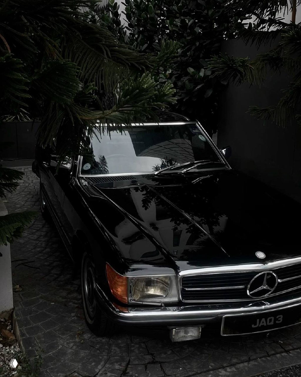 Чёрный классический Mercedes припаркован в тени деревьев; отражения на лаке, атмосфера частного гаража и скрытого удовольствия от автомобиля.