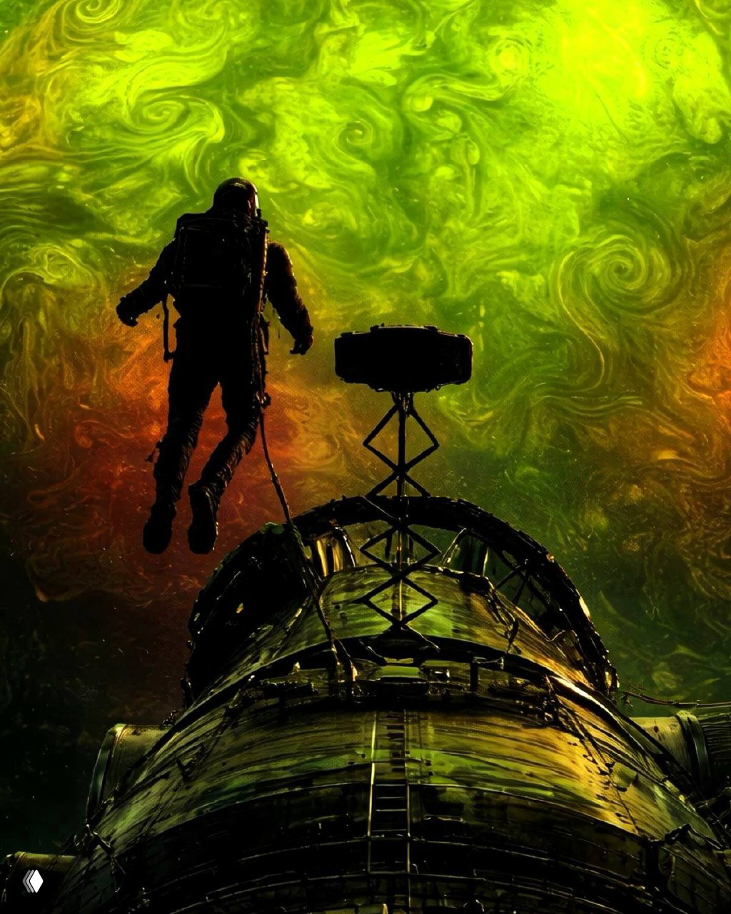 Силуэт астронавта, покидающего модуль на фоне закрученной зелёной туманности — атмосферный кадр, подчёркивающий одиночество и масштаб космоса.