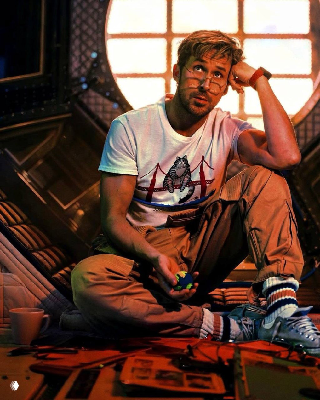 Герой сидит в отсеке корабля с небольшим мячом в руках, вокруг разбросаны инструменты — момент уюта и человеческой нестабильности в космосе.