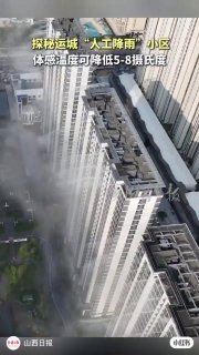 Аэрофотоснимок жилых многоэтажек в Китае с установленной системой распылителей: виден густой мелкодисперсный туман над крышами.