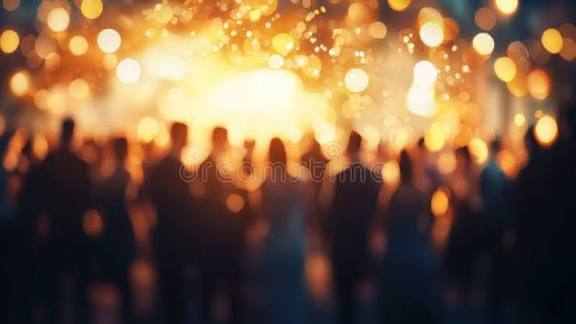 Размытая сцена праздника: золотистые огни и силуэты людей на фоне создают атмосферу новогоднего торжества и мерцания.