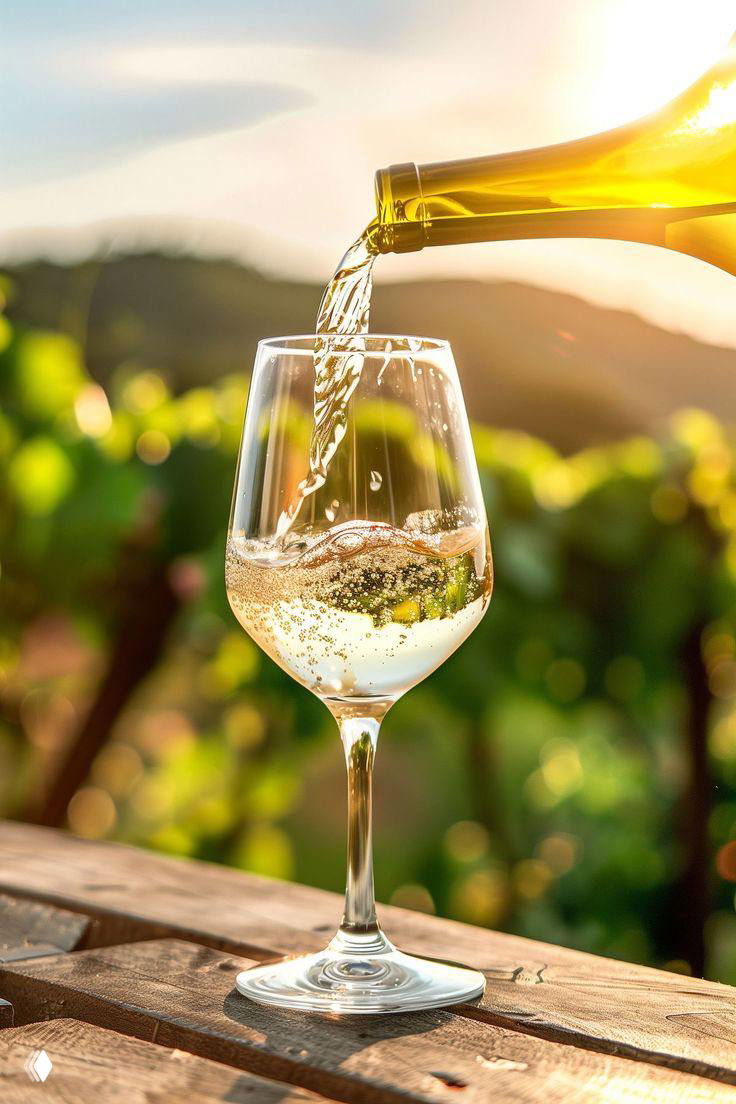 Фотография бокала белого вина на открытом воздухе: вино льётся из бутылки на фоне виноградника в мягком солнечном свете.