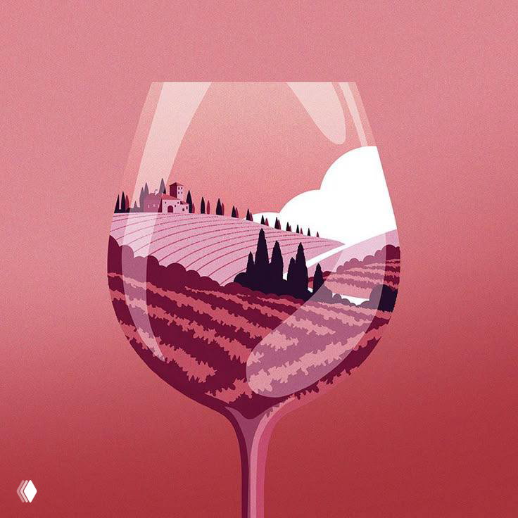 Иллюстрация бокала с виноградниками внутри: графический арт в розовой гамме, символ дегустации и винного туризма.
