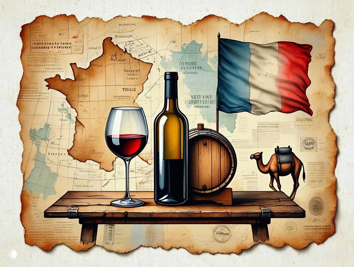 Иллюстрация: карта Франции на состаренной бумаге, французский флаг, бутылка и бокал вина, бочка и маленький верблюд на столе