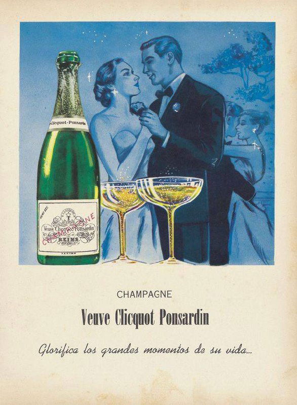 Иллюстрация Veuve Clicquot: большая бутылка и пара бокалов на фоне танцующей пары; романтический образ праздника и вечера.