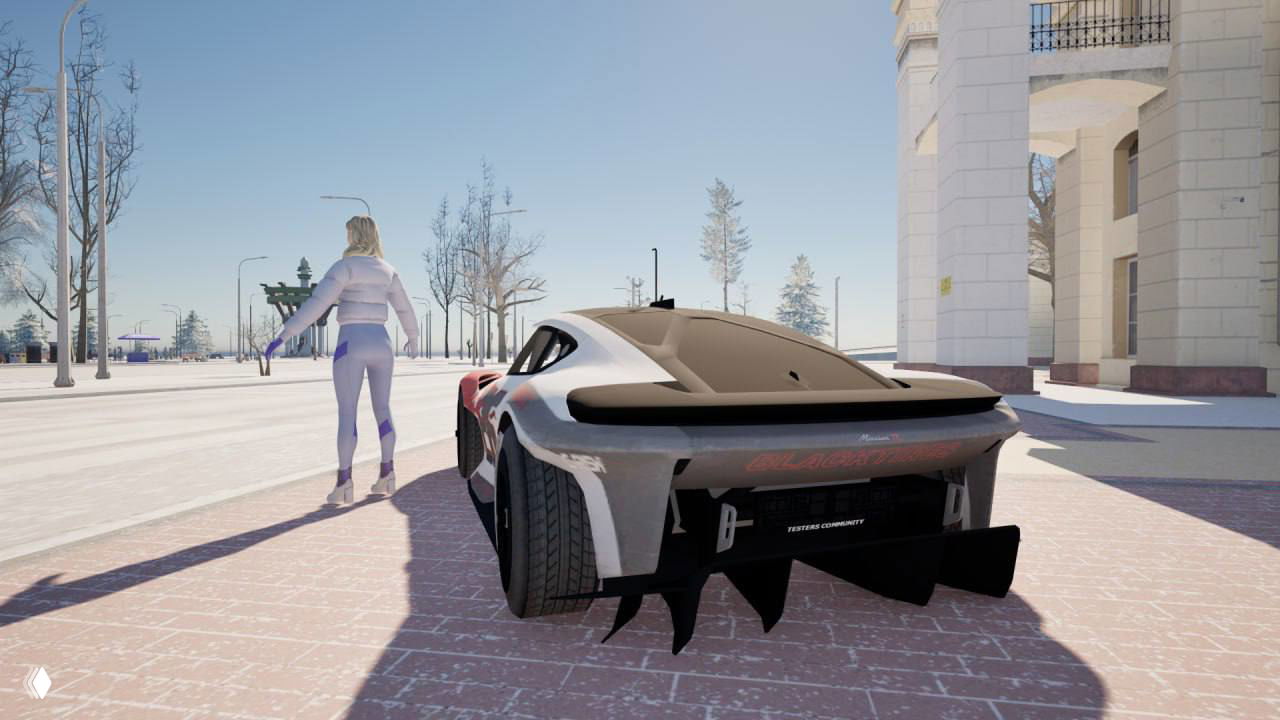 Задняя часть Porsche Mission R: диффузор, широкие колёса и кузовный дизайн на заснеженном тротуаре в игровом мире Black Russia.