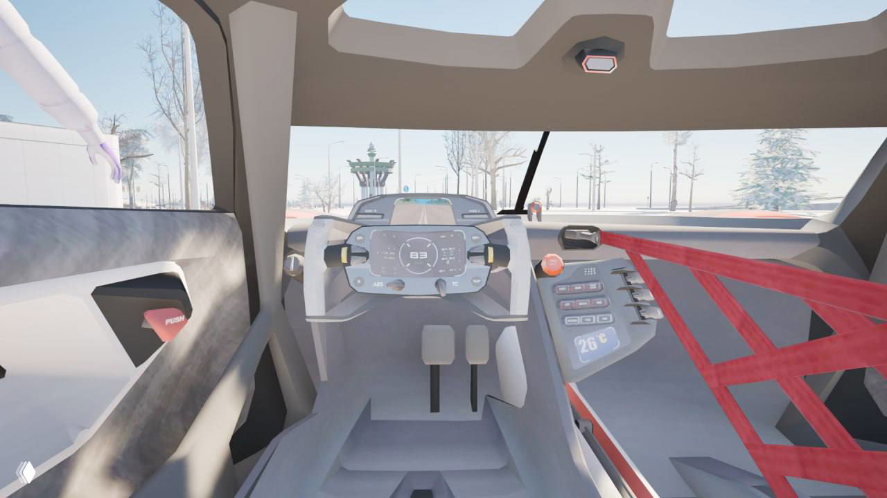 Интерьер Porsche Mission R: панель приборов и гоночный руль, центральная консоль и педали в кокпите внутри игры Black Russia.