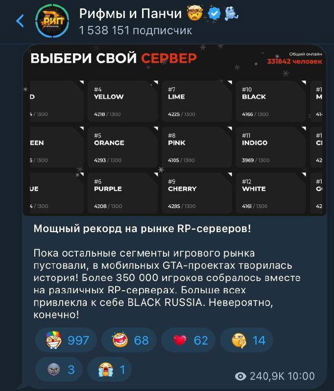 Черно-серая сетка карточек серверов BLACK RUSSIA: номера серверов, их названия и текущие показатели числа игроков внутри каждого блока.