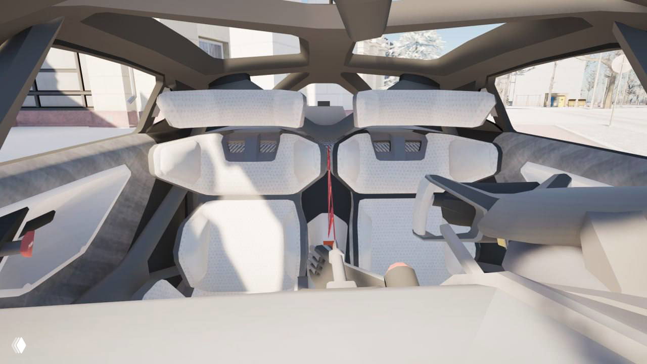 Вид на задние сиденья и салон Porsche Mission R: спортивные кресла, элементы каркаса безопасности и открытая обзорность в игровом интерьере.