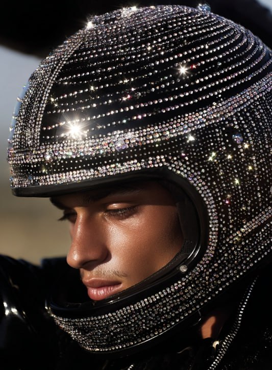 Блестящий украшенный стразами мотоциклетный шлем на модели — пример персонального подарка, показывающий дизайн и фактуру.