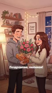 Иллюстрация в тёплых тонах: молодой мужчина вручает женщине букет цветов и книгу в уютной гостиной вечером; на картинке текст «Поздравляю, любимая!»