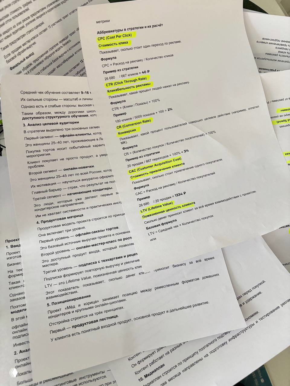 Снимок распечатанных страниц стратегии с выделенными жёлтым показателями (CAC, CTR, LTV) и описанием финансовой модели.