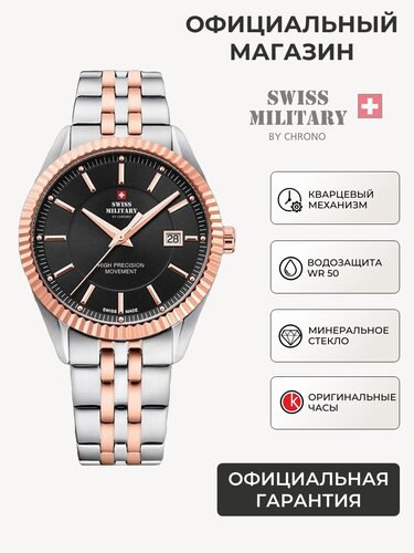 Рекламное изображение часов Beverly Hills Polo Club и Swiss Military с иконками характеристик: кварцевый механизм, водозащита, минеральное стекло и оригинальная гарантия.