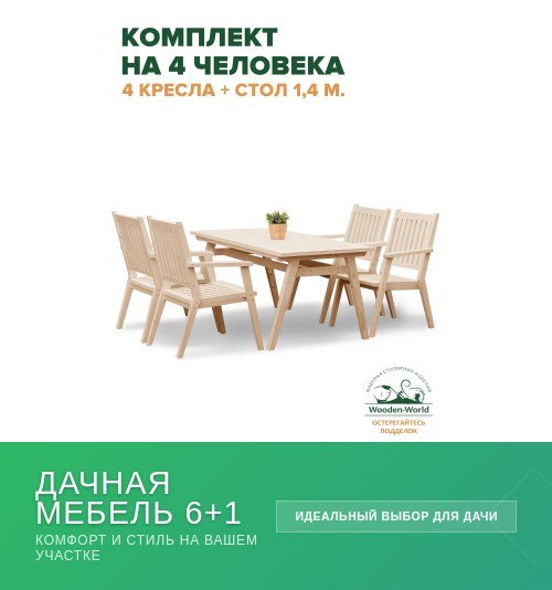 Фотография деревянного комплекта мебели: стол и четыре складных кресла на белом фоне, рекламное изображение с указанием вместимости для дачи.