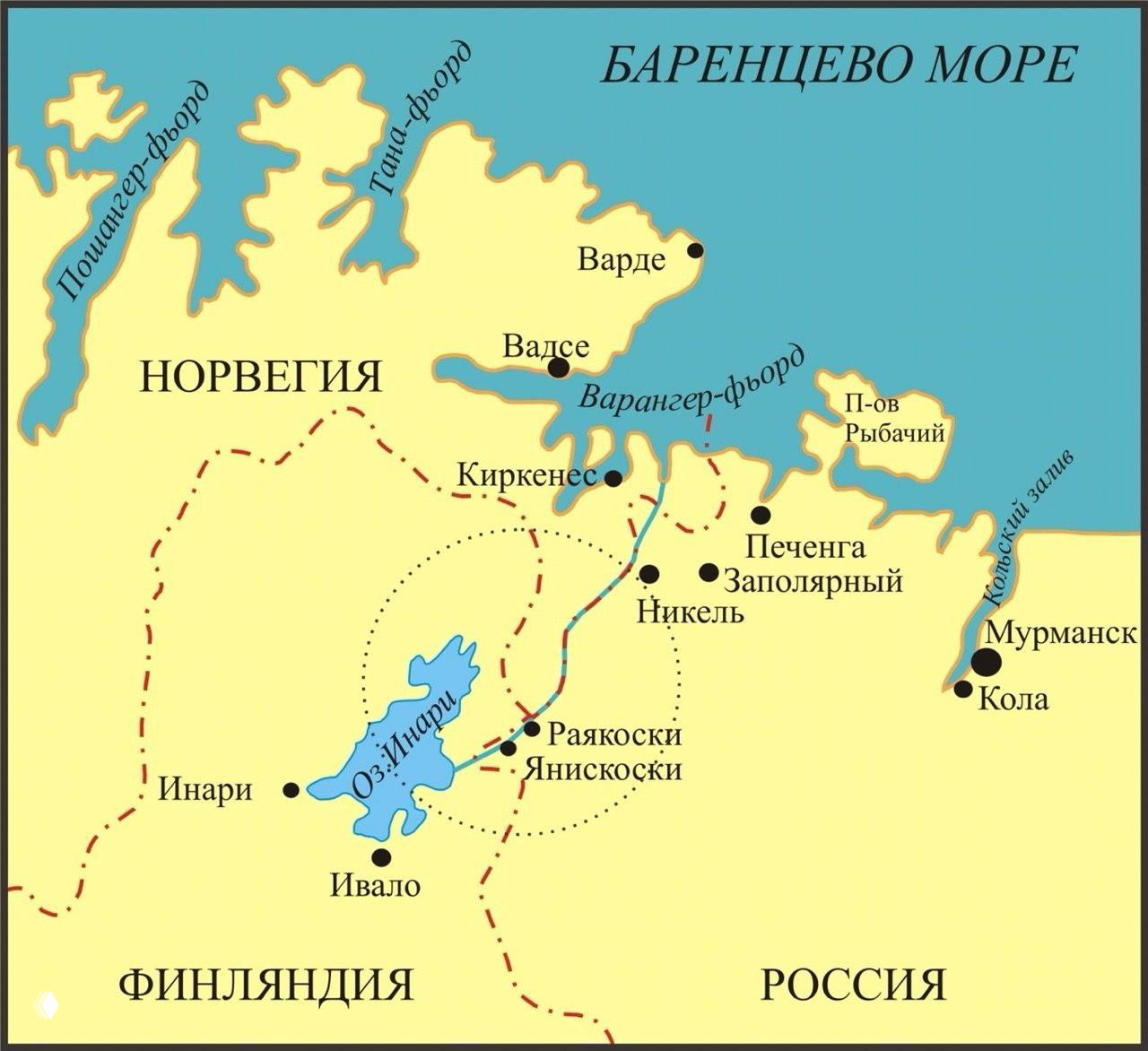 Карта северных районов Норвегии и России с указанными пунктами: Киркенес, Мурманск, Инари — схема маршрутов и соседних территорий.