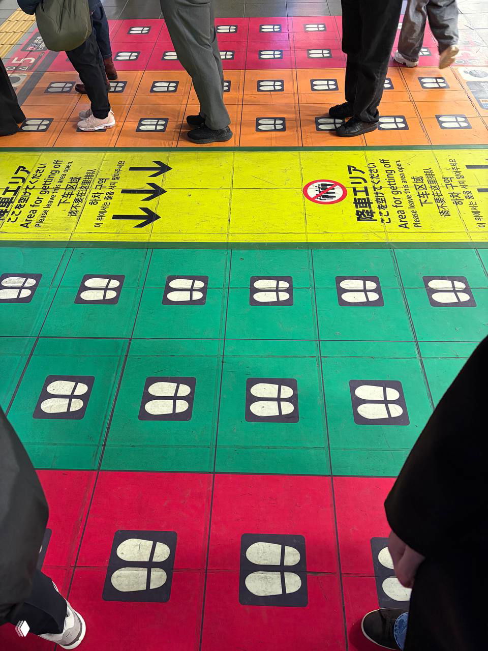 Крупный план напольной разметки: цветные квадраты с пиктограммами ступней и стрелками посадки; пассажиры ждут рядом.