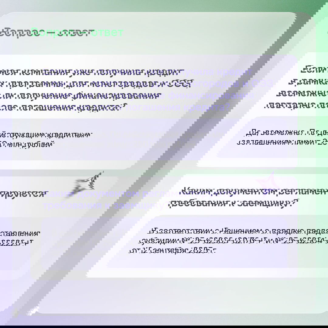Слайд в стиле вопрос–ответ: информация о повторном финансировании, лимите 250 млн рублей и нормативных актах, регулирующих требования к заемщику.
