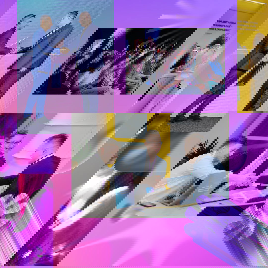 Коллаж с фотографиями участников конкурса: вручение, деловые переговоры и общение участников на фоне фирменного оформления мероприятия.