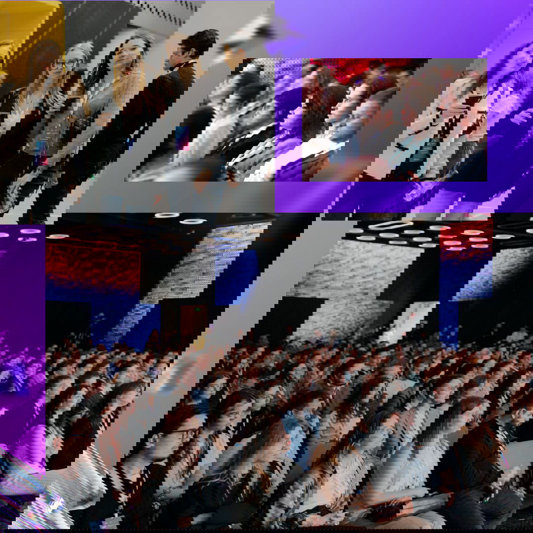 Зал с аудиторией и слушателями на одном из событий конкурса молодёжных проектов, кадры с презентаций и панельных сессий для молодых предпринимателей.