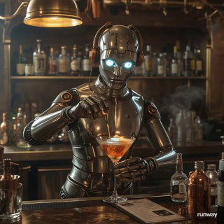 Кадр-превью: робот-бармен за барной стойкой смешивает неоновый коктейль, отражения бутылок на заднем плане и cinematic атмосфера.