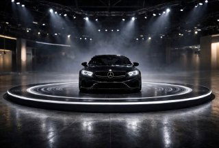 Чёрный автомобиль на освещённой сцене с концентрическими огнями — коммерческий визуал для видеобаннера по кейсу доставки автомобилей из Европы.