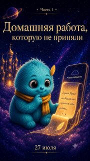 Иллюстрация обложки: милый синий пушистый персонаж держит свиток с текстом на фоне космического неба и сказочного замка, вокруг звёзды.