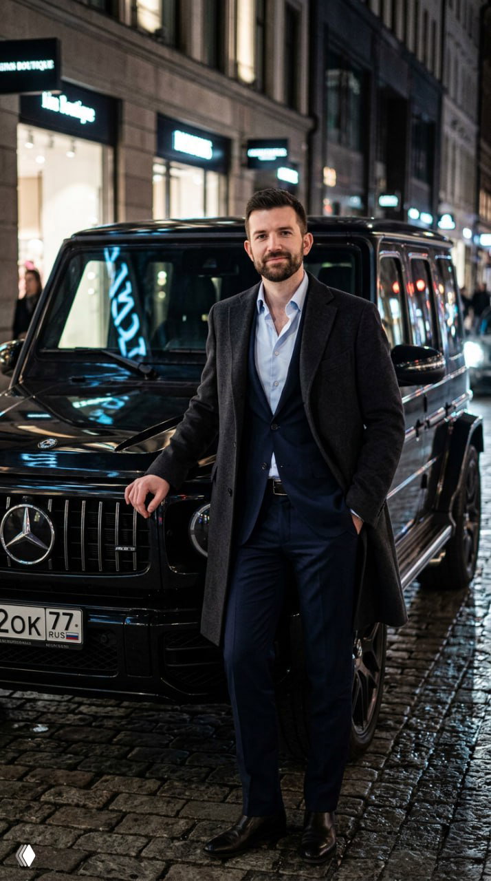 Мужчина в тёмном костюме рядом с чёрным Mercedes G63 на городской улице ночью; отражения огней и влажная брусчатка вокруг автомобиля.