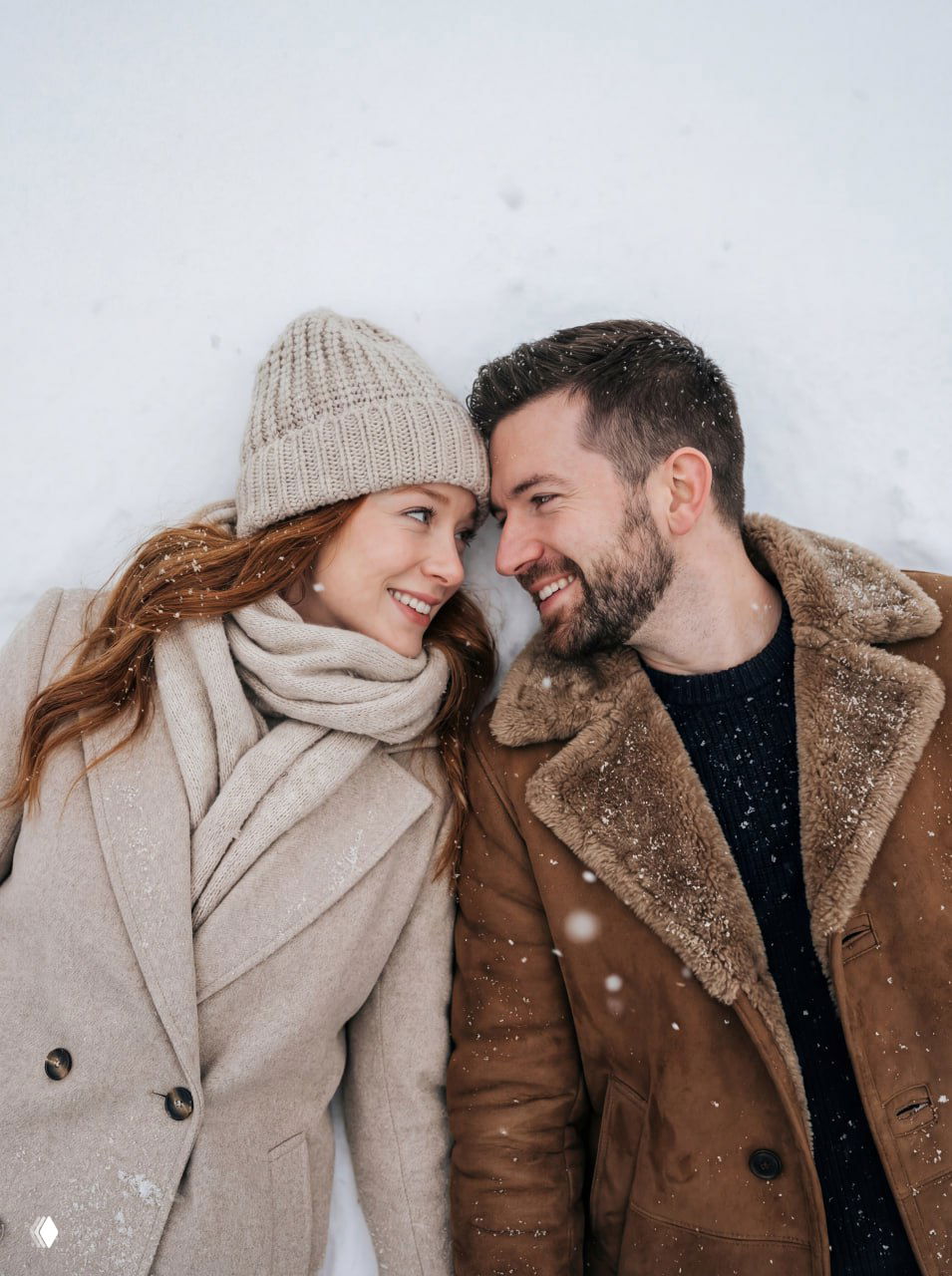 Пара сверху в зимней сцене: мужчина в дублёнке с меховым воротником, женщина в объёмном шарфе и вязаной шапке, снежинки на ткани, топ-вью композиция.