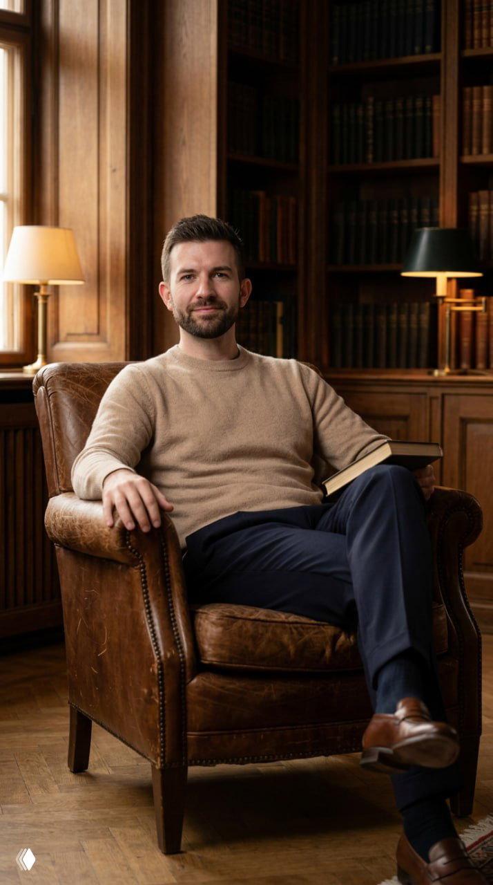 Мужчина сидит в кожаном кресле в классической библиотеке: деревянные панели, книжные полки и тёплый ламповый свет создают интерьер Old Money.