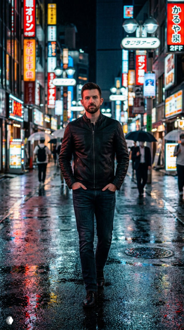 Мужчина идёт по неоновой улице Сибуя в Токио ночью: яркие вывески, мокрый асфальт и контрастный неоновый свет вокруг.