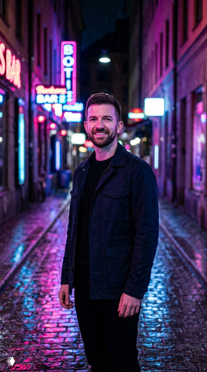 Мужчина стоит на узкой неоновой улице под розово-синим светом; мокрый брусчатый асфальт отражает огни, лёгкая полуулыбка на лице.